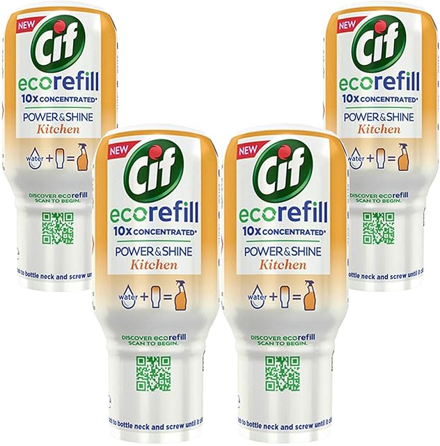 Cif Power & Shine Kitchen Cleaning Spray Refill (Pack of 4 x 70 ml Eco Refills)