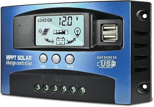 Controlador de carga solar MPPT de 60 A, regulador inteligente de batería de panel solar de 12 V24 V con doble puerto USB, pantalla LCD y