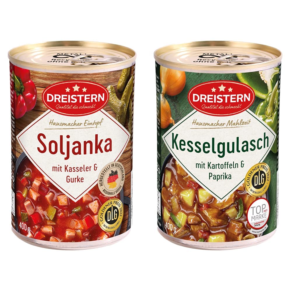 Dreistern Soljanka, 400g & Kesselgulasch mit Kartoffeln und Paprika 400 g | leckeres Fertiggericht mit Gemüse in der praktischen recycelbaren Konserve | Hausmacher Mahlzeit mit viel Fleisch und Gemüse