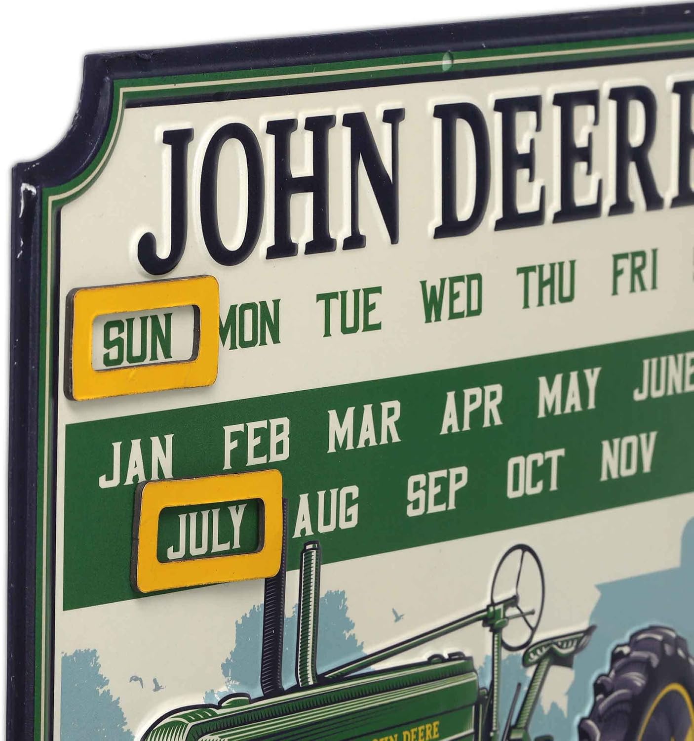 John Deere Calendar - Vintage Embossed Metal John Deere Sign with Magnets for Office, Kitchen or Man Cave Green