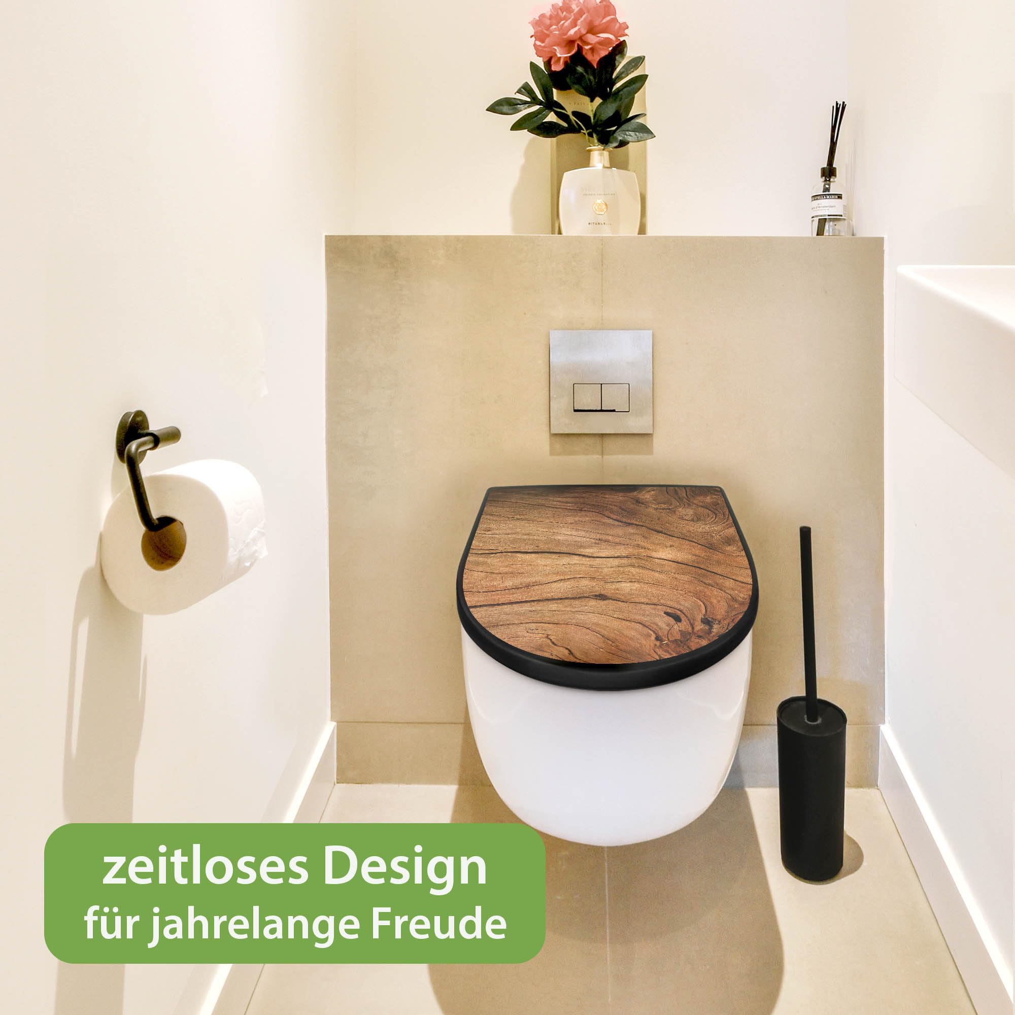 banjado WC Sitz mit Absenkautomatik D Form - Toilettendeckel mit Absenkautomatik D Form - Klodeckel Softclose - stabile Klobrille - Toilettensitz Schwarz - Motiv Trockenes Holz