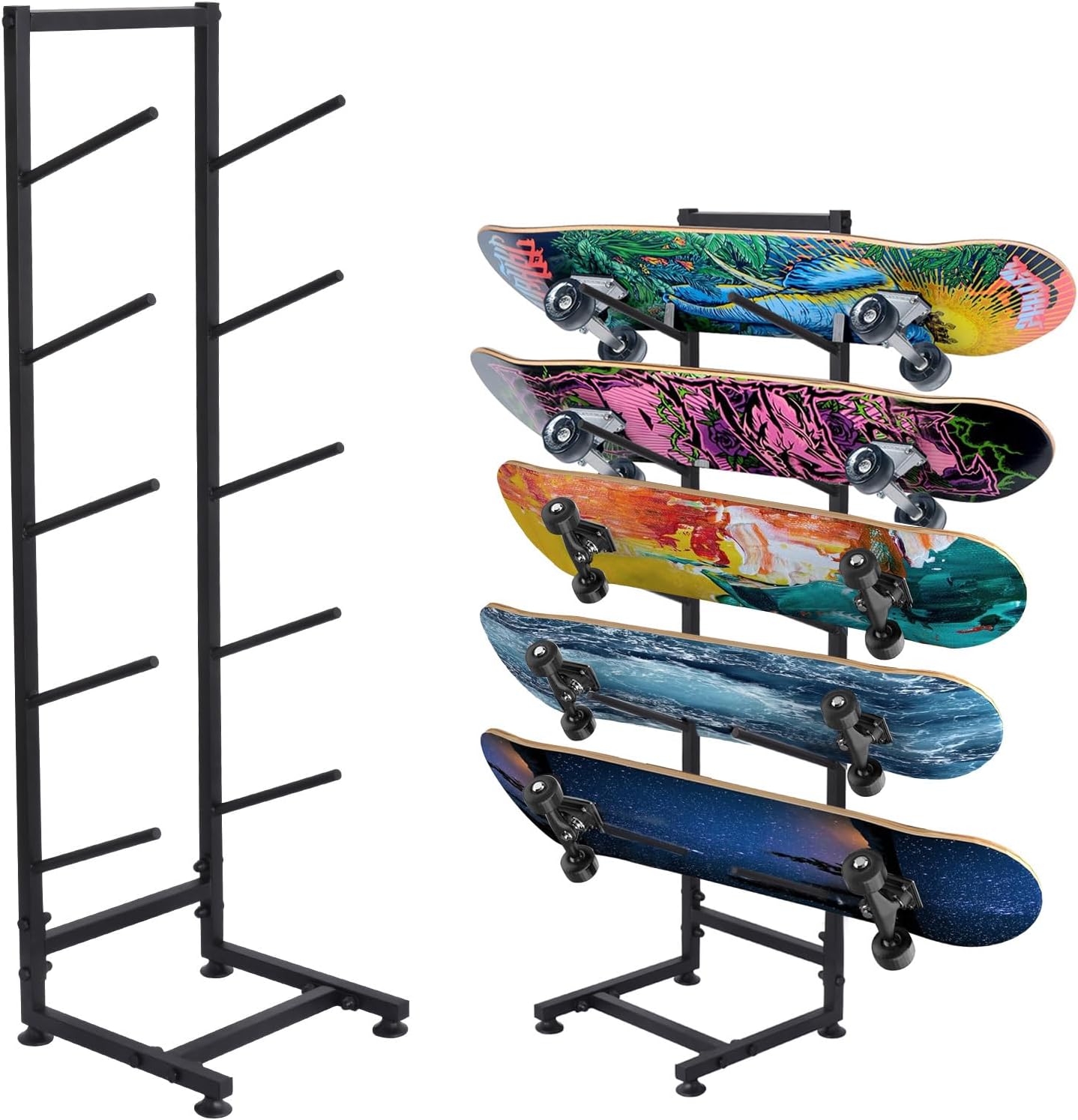 5 Tier Fr.eestanding Skateboard Rack Single-Sided Heavy Duty Skate Board Display Hanger Rack, hold 5 Storage Long.board Deck Organizer, for All-Mountain, Wide, Powder, back-country Skis (50x30x110cm)