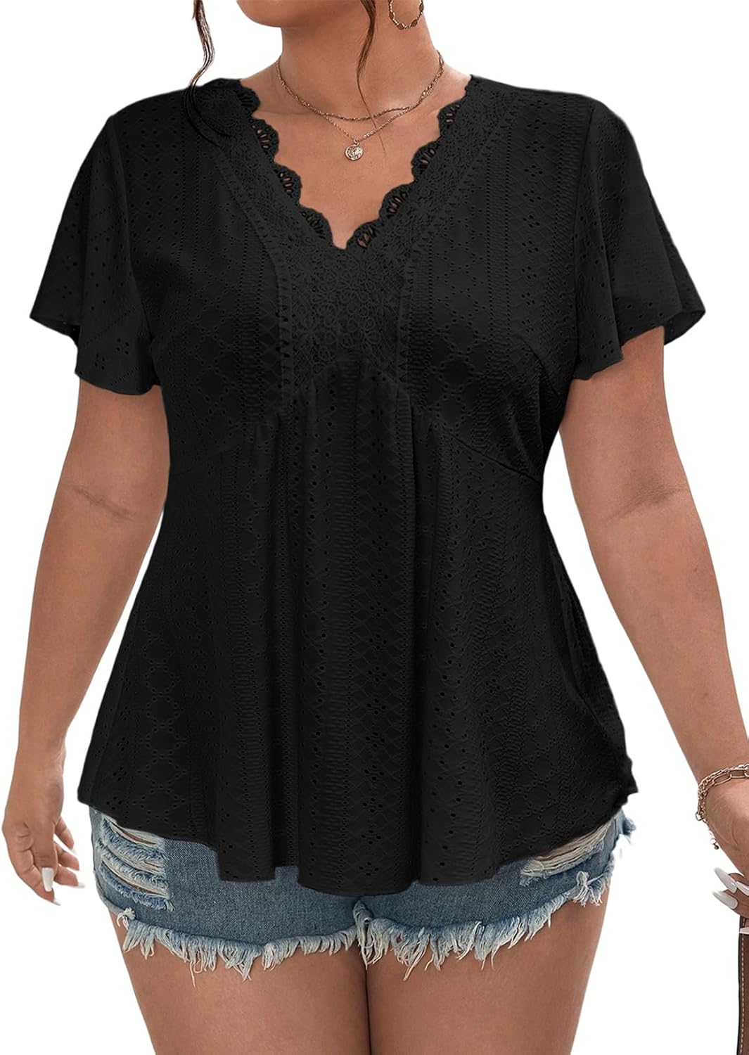 Eytino Womens Plus Size Tops Lace Crochet V Neck Short Sleeve Eyelet Blouse Loose Casual Summer Peplum Shirts(1X-5X)