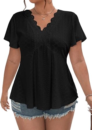Eytino Womens Plus Size Tops Lace Crochet V Neck Short Sleeve Eyelet Blouse Loose Casual Summer Peplum Shirts1X-5X