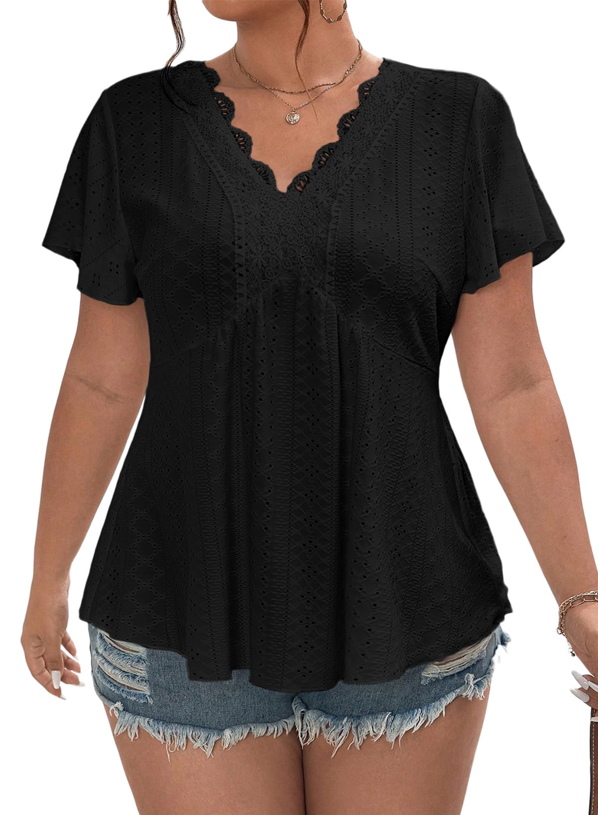 Eytino Womens Plus Size Tops Lace Crochet V Neck Short Sleeve Eyelet Blouse Loose Casual Summer Peplum Shirts(1X-5X)