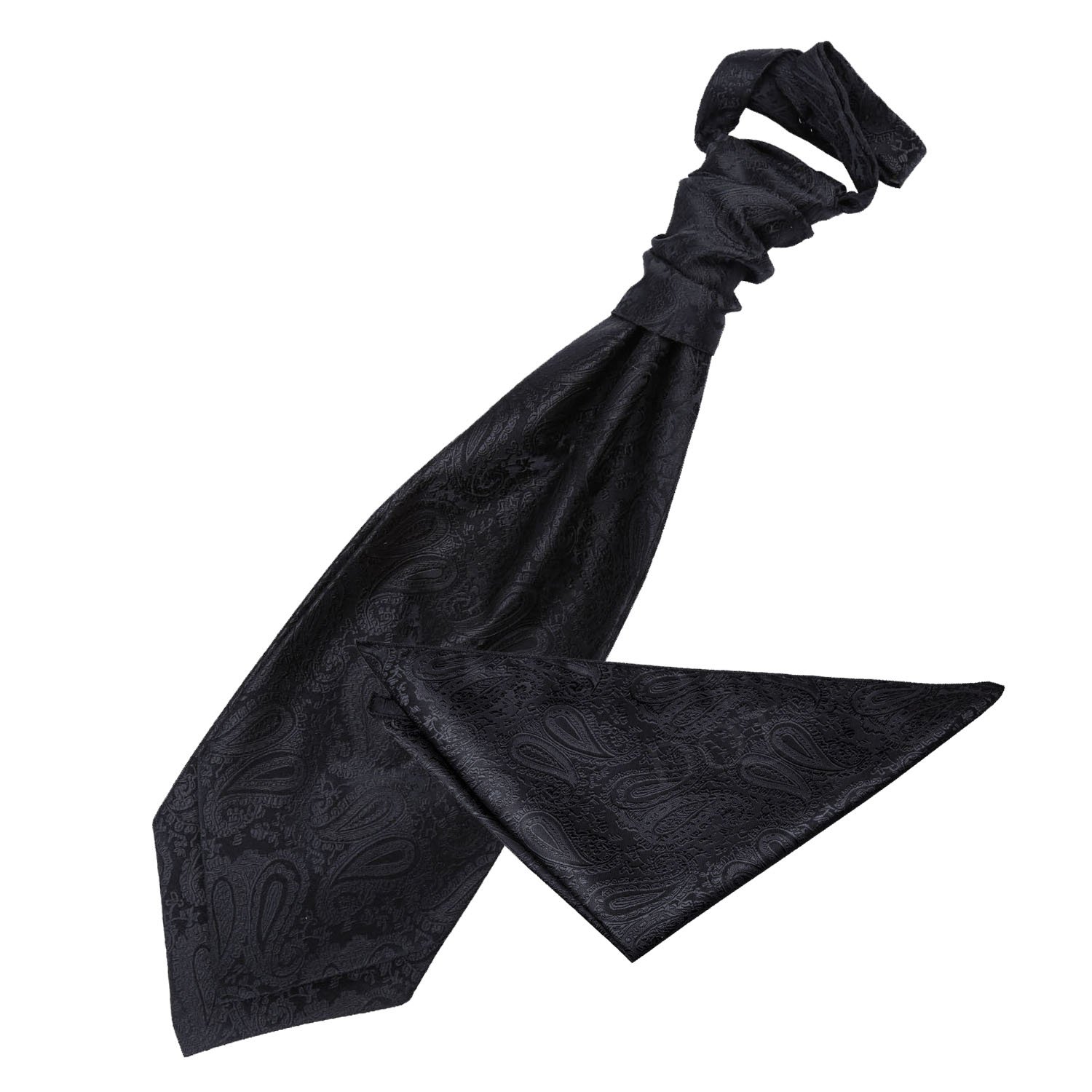 DQT Mens Paisley Floral Jacquard Pre-Tied Scrunchie Cravat & Pocket Square Set (2pc) – Wedding, Business & Formal - Black