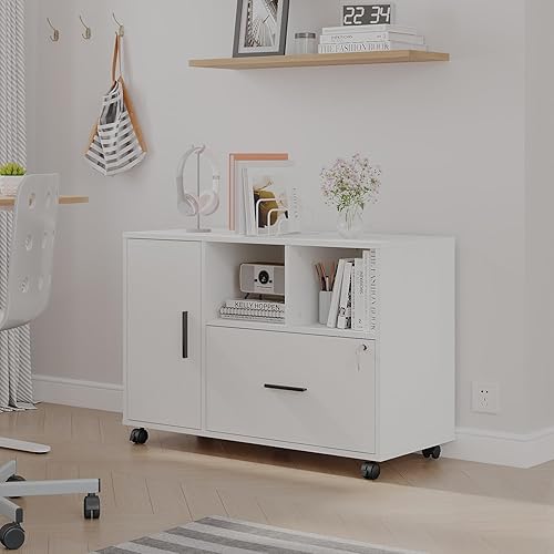 Miniatura 5 de Archivador de madera con cerradura, archivador lateral de oficina de 1 cajón con ruedas, soporte de impresora móvil con estante de almacenamiento
