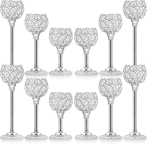 Miniatura 12 de Juego de 3 candelabros de metal de cristal plateado, candelabros de cuenco brillante, portavelas votivas altas, elegante centro de velas para mesa