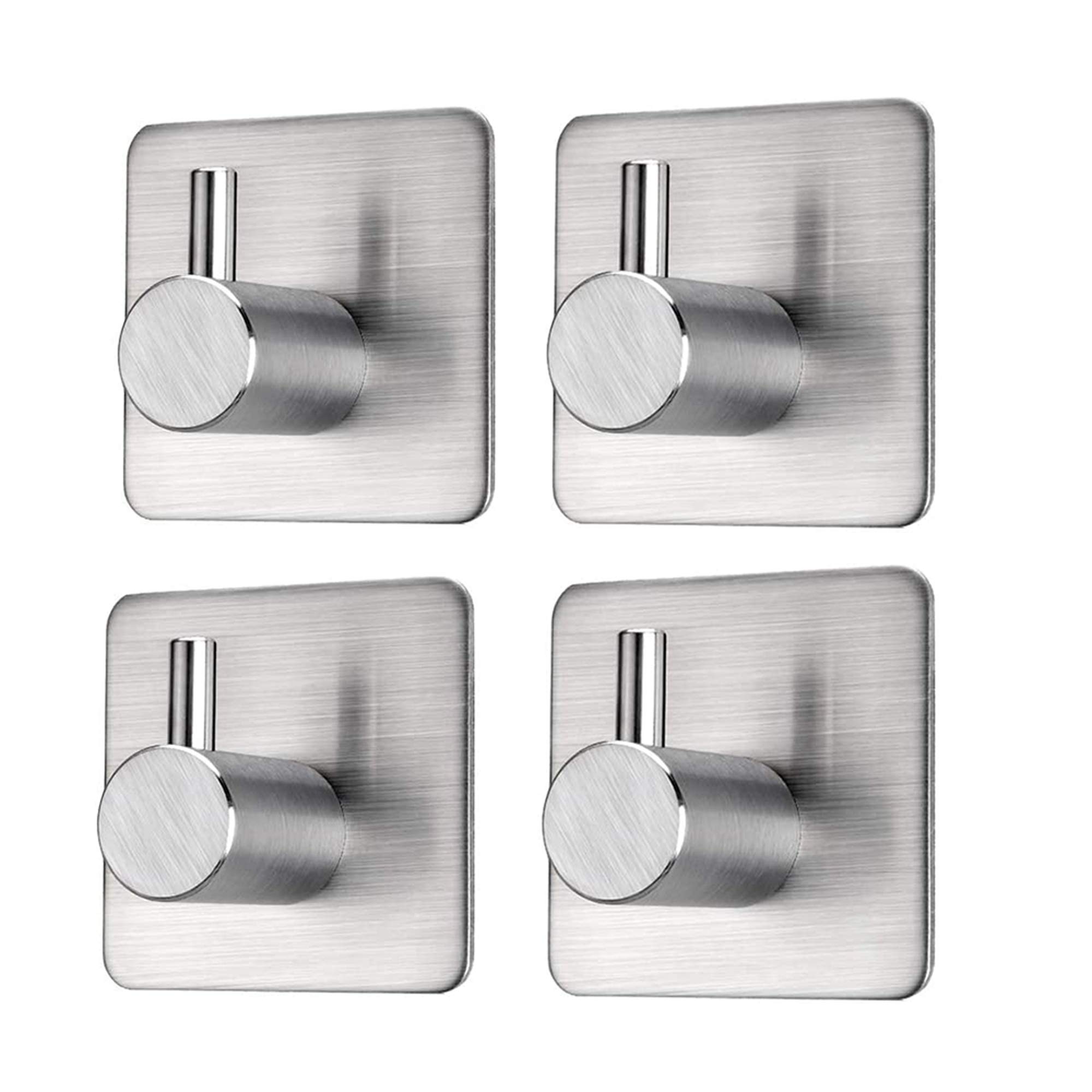 Self Adhesive Hooks, Towel Hooks, Wall Hooks, for Towels, Robes, Coats, Keys, Brushed Stainless Steel (4 Pack)