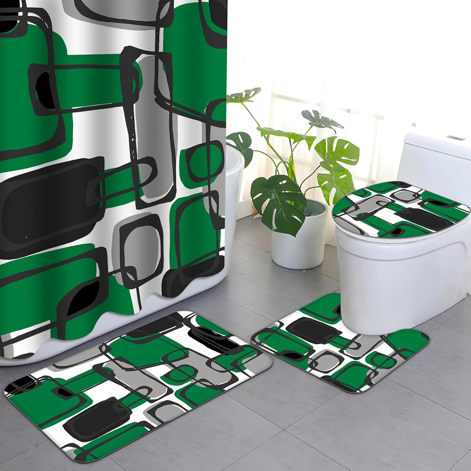 APROPHIC Shower Curtain Sets with Rugs, Geometric Plaid