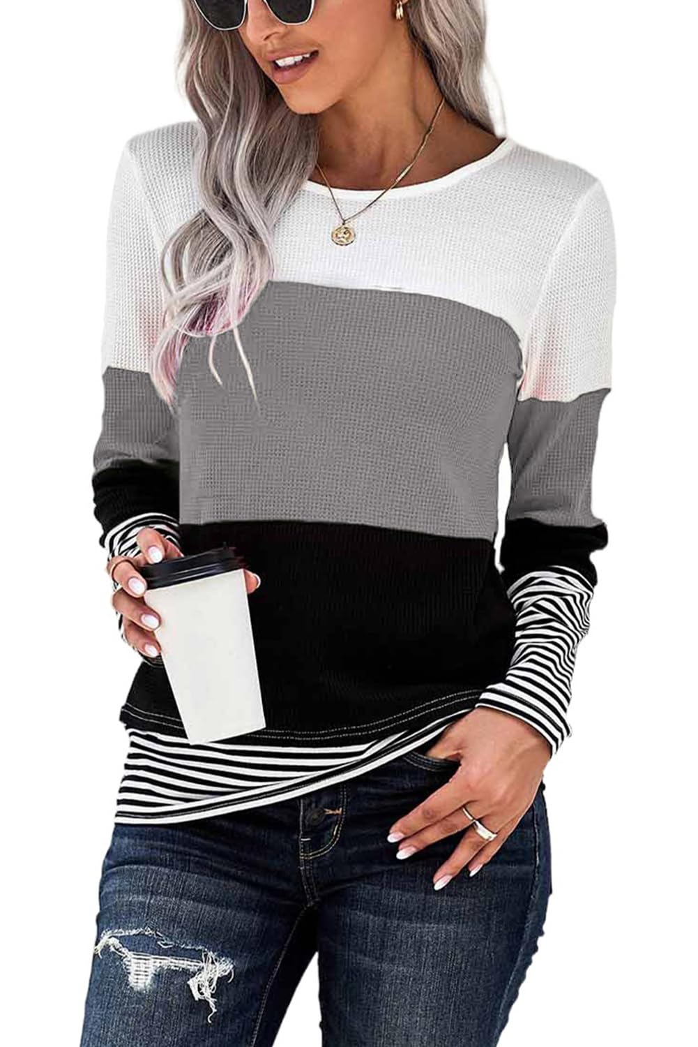 NEYOUQE Pullover Damen Langarmshirt Fraeun Farbblock Tops Tunika Oberteile Lässige Mode elegant Bluse Tshirt Kleidung