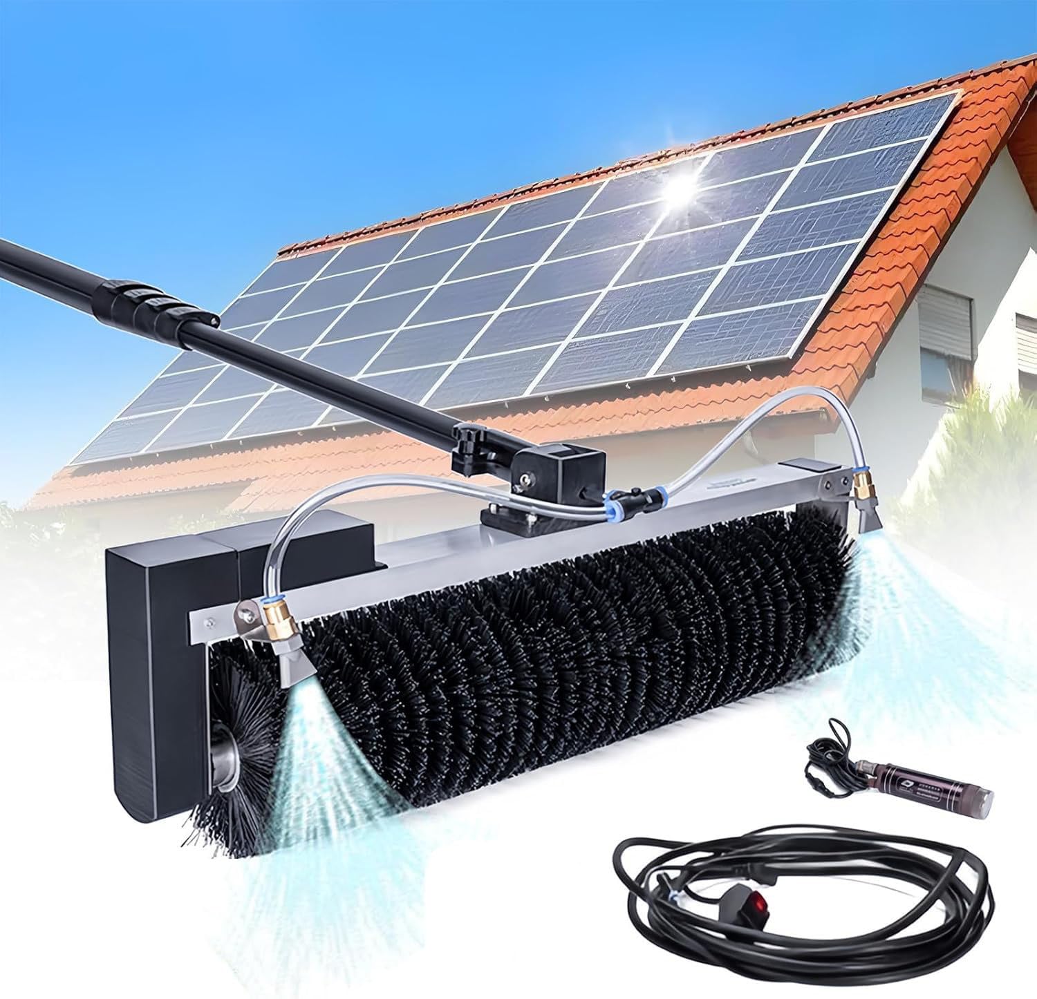 AYCDL Electric Solar Panel Cleaning Tools, 60cm Roller Brush Head, Solar Photovoltaic Panel Cleaning Machine, Water Fed Pole Cleaning Kit,for Window Glass Solar Panel,3.5M(11.5ft)