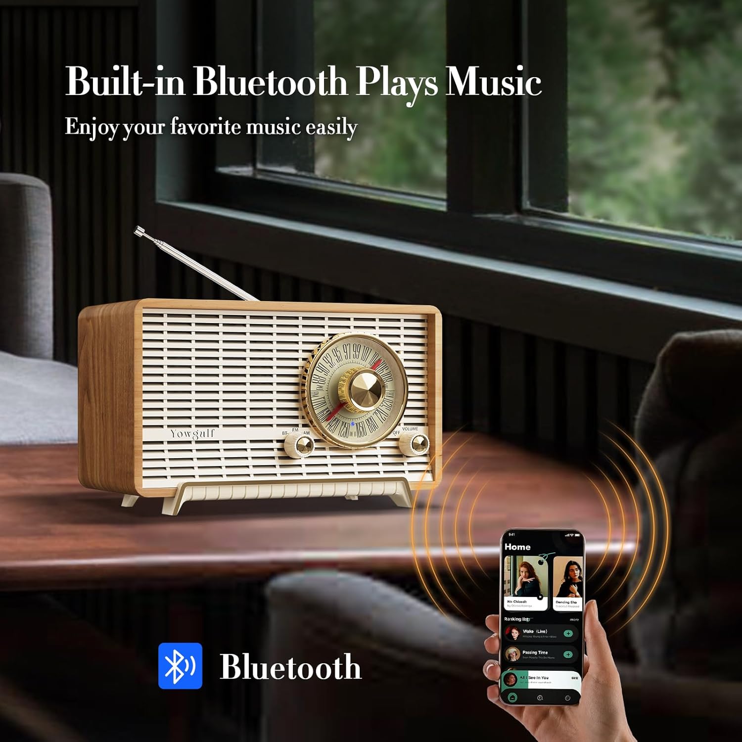 YOWGUIF AM FM Radio Classic Retro Wood Table Radio Bluetooth Speakers Radios Plug-in Wall with Rotary Knob Great for Home, Office - Image 2