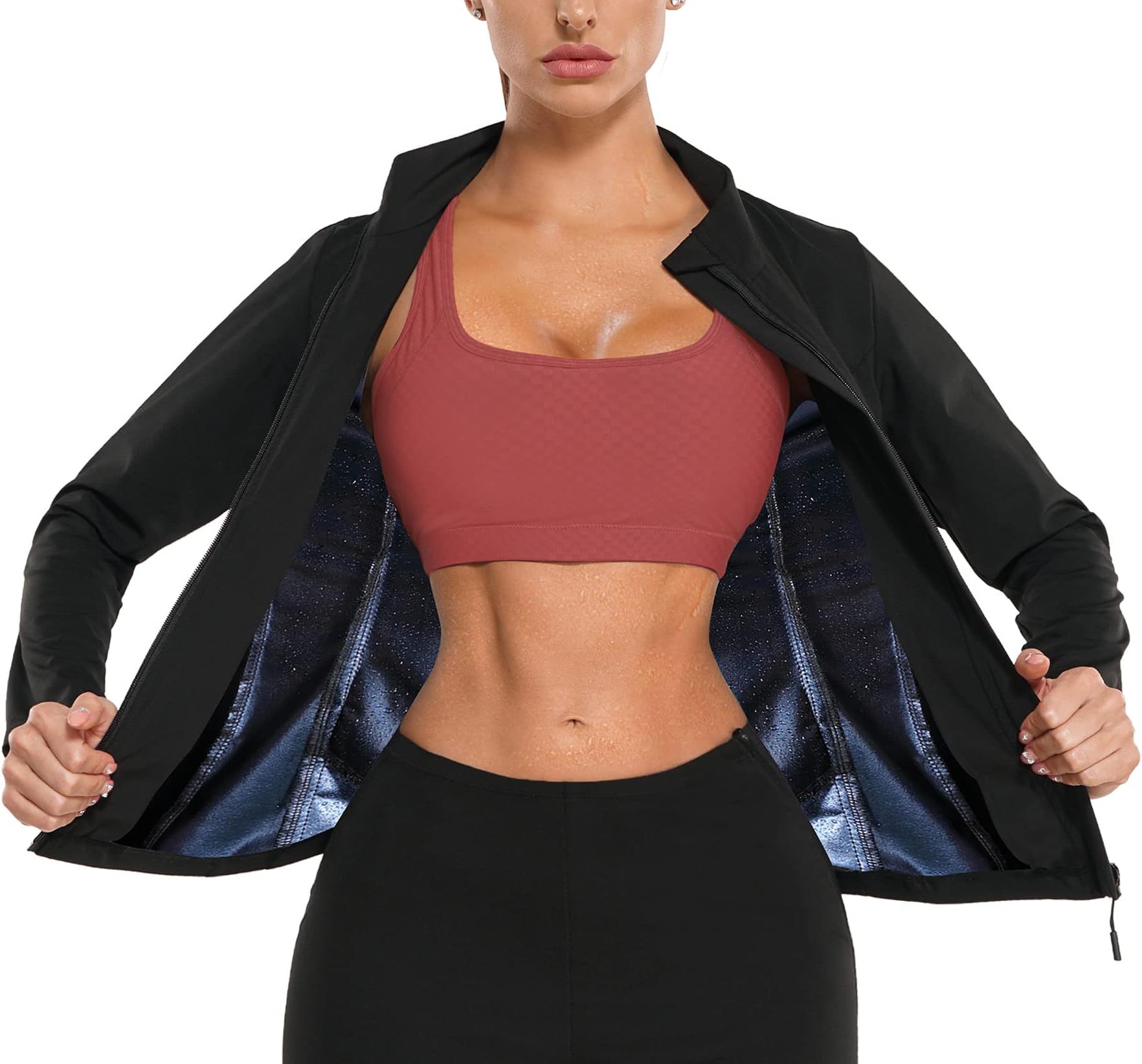KUMAYES Sauna Suit for Women Waist Trainer Weight Loss Workout Jacket Slimming Body Shaper Long Sleeve Shirt with Zipper