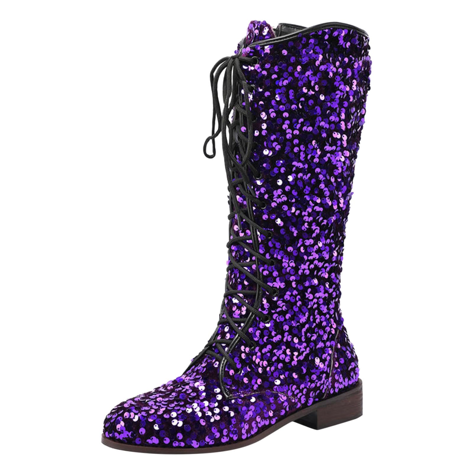 Womens Glitter Sequin Mid Calf Boots Pointed Toe Chunky Block Heel Sparkly Lace Up Cowboy Cowgirl Boots for