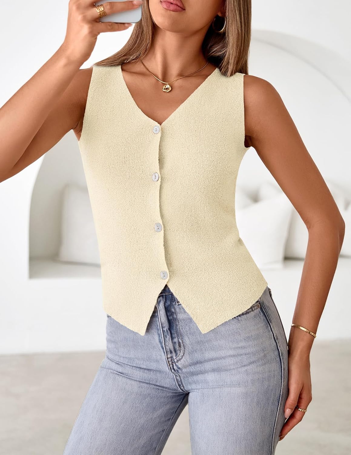 MEROKEETY Women's Sleeveless Sweater Vest 2026 Spring Summer Knit Tank Top Casual V Neck Button Waistcoat Cardigan - Image 2