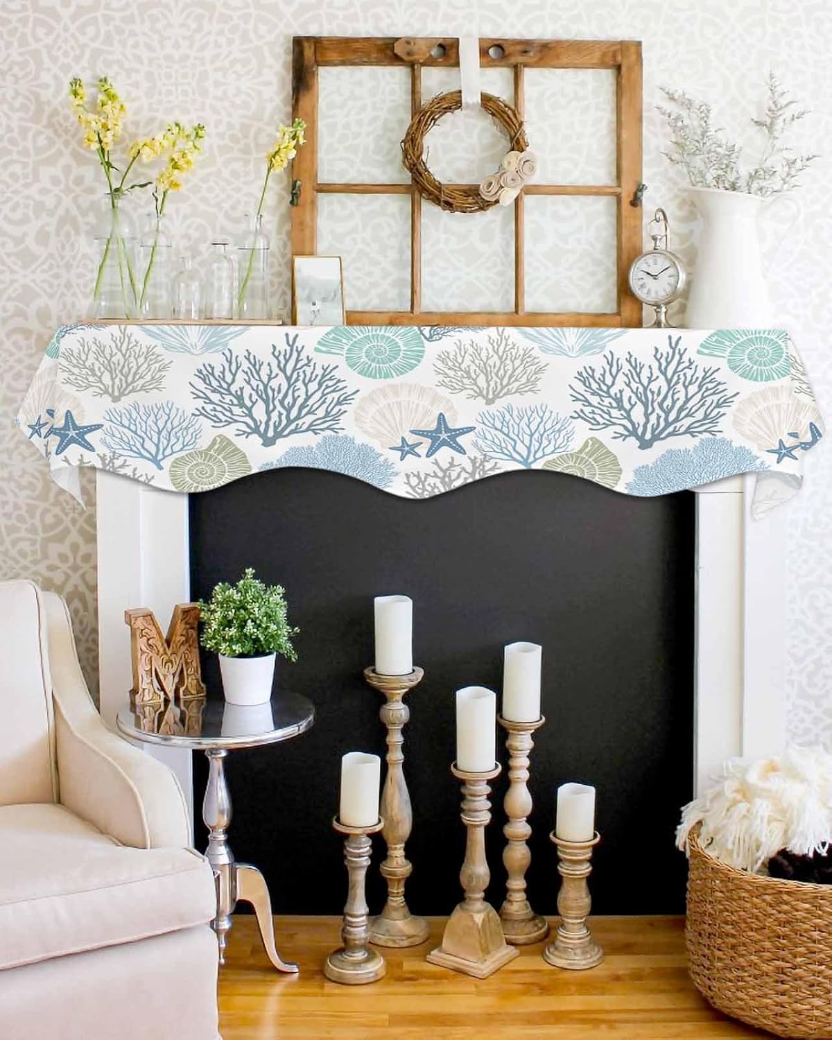 Nautical Coastal Mantle Scarf for Fireplace, Ocean Beach Seashell Starfish Themed Fireplace Cover Decorations Marine Underwater Mantel Top Scarf Runner for Home Living Room Holiday Party, 17 x 70 Inch image 4