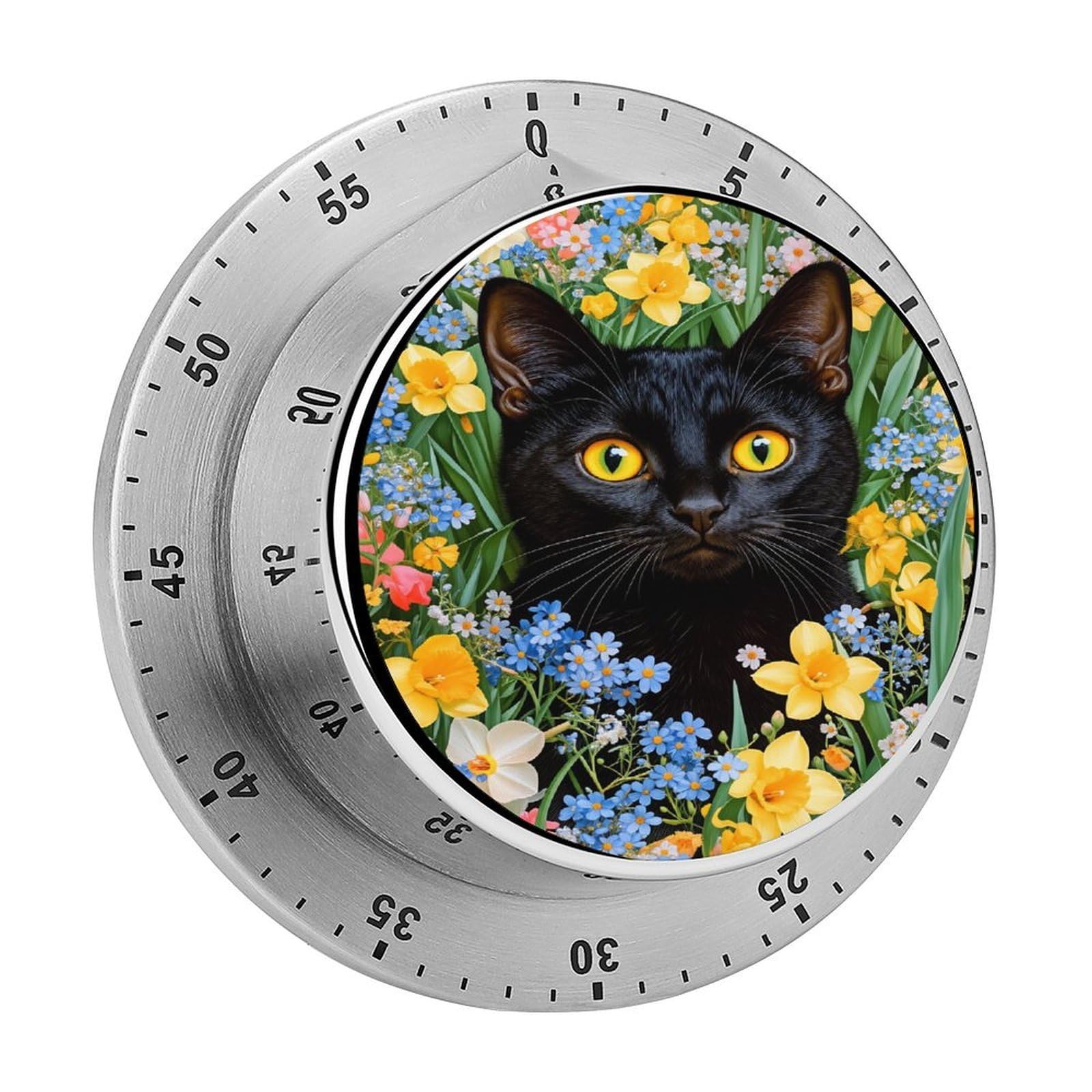 Black Cat Spring Wildflowers Nature 60 Minute Wind Up Timer,Visual Mechanical Magnetic Timer with Loud Alarm for Kitchen