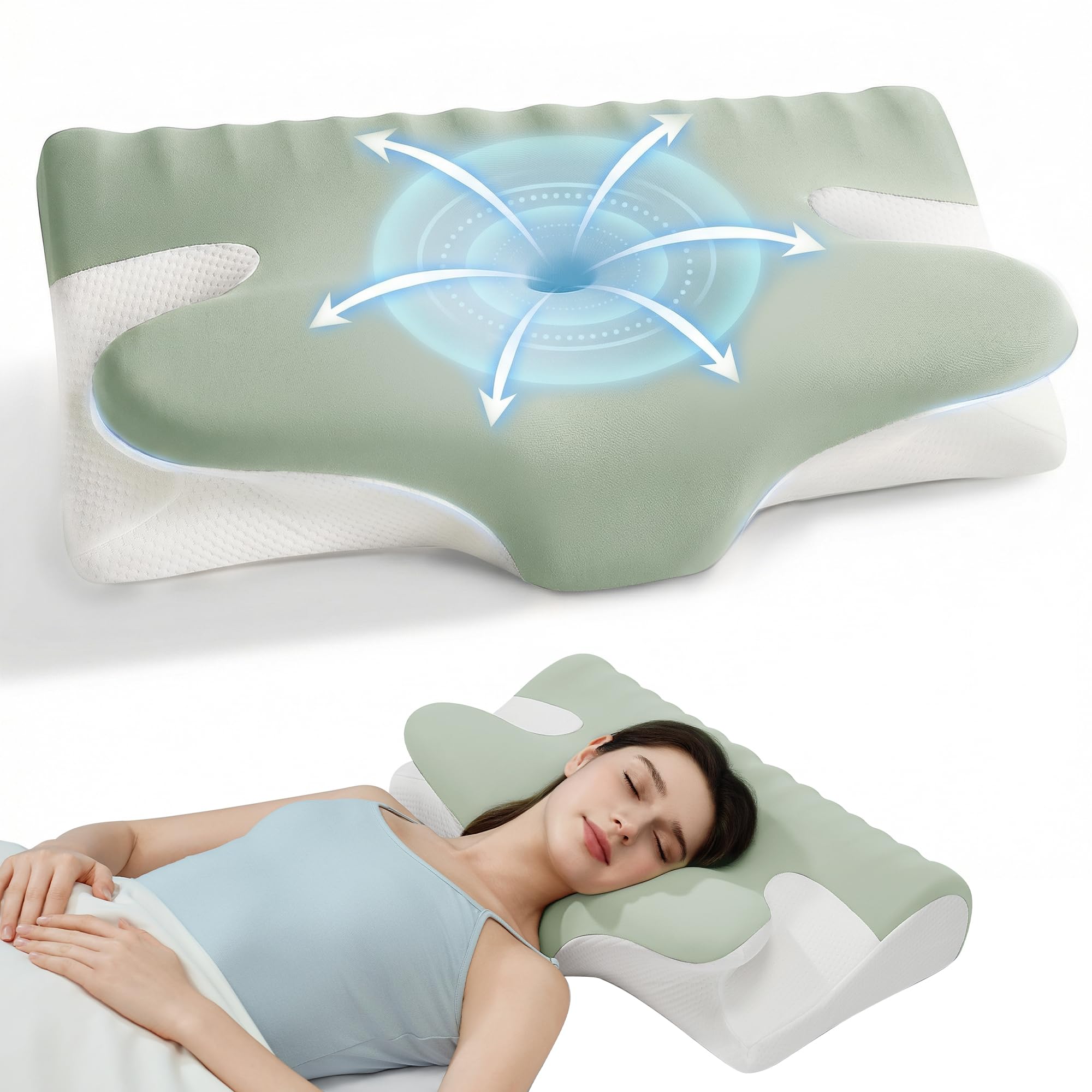 Winthome Memory Foam Pillow for Neck Pain, Restorative Sleep Cervical Pillow, 60D Slow Rebound Ergonomic Pillow with Removable Cover (Green)