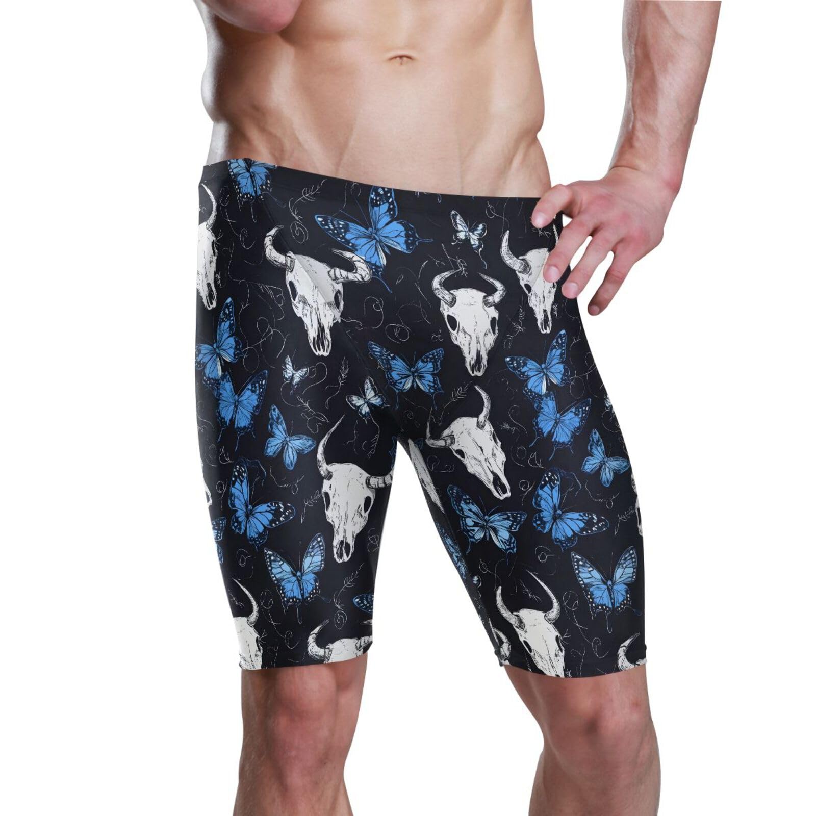 Swimsuits Cow Yaks Head Skeleton Blue Butterfly Men's Swim Jammers Athletic Swimwear S 202b8500