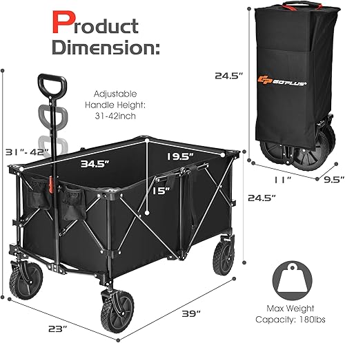 Miniatura 7 de Safstar - Carro plegable de jardín plegable con mango ajustable y ruedas universales, carrito plegable resistente para material agrícola, capacidad