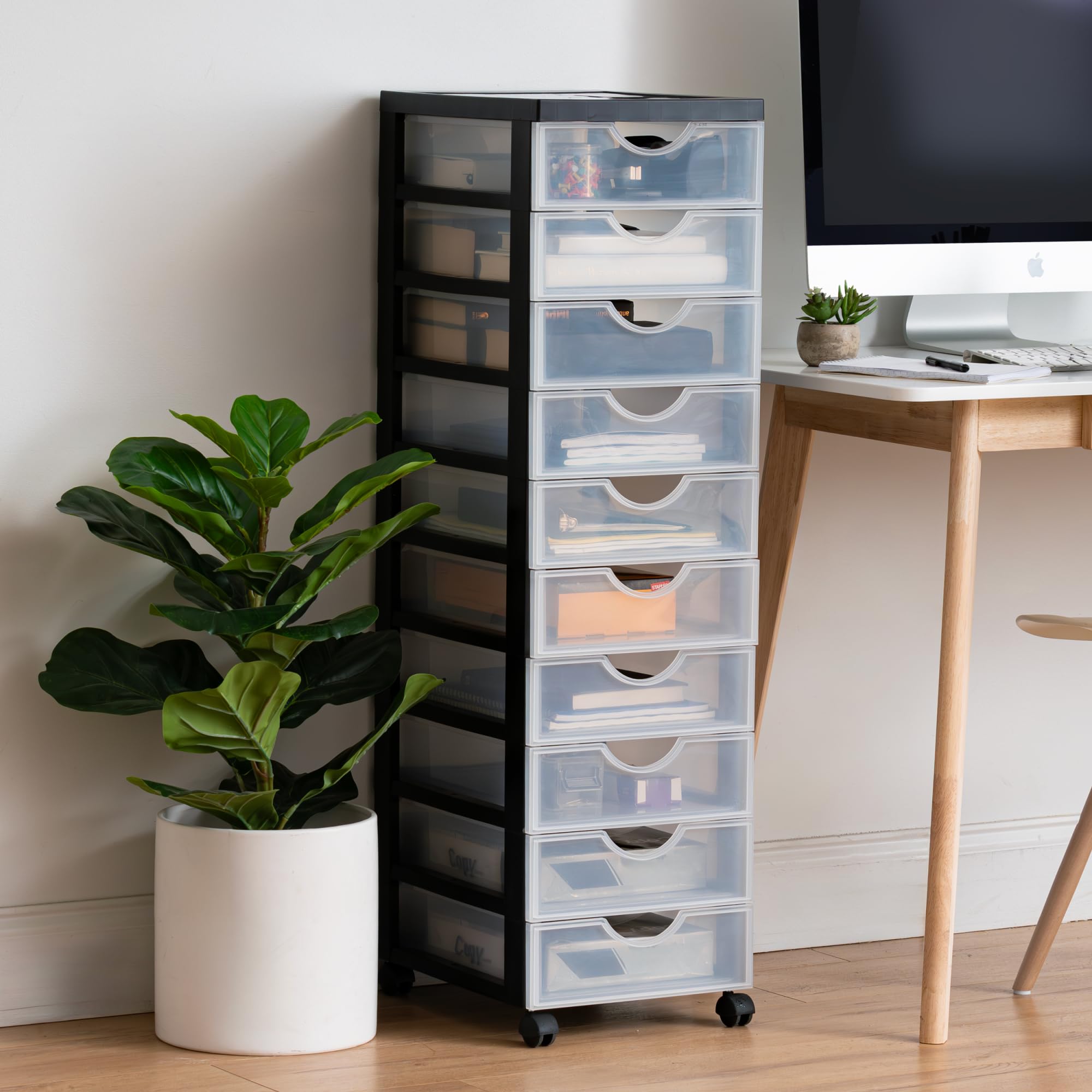 Iris Ohyama, Meuble de rangement, Tour de rangement plastique, Noir, 10 Tiroirs, A4, 4 Roulettes, hauteur 100.5 cm, Papeterie, Chambre, Salle de Bain, Bureau, École, Sans BPA, DDDC-010