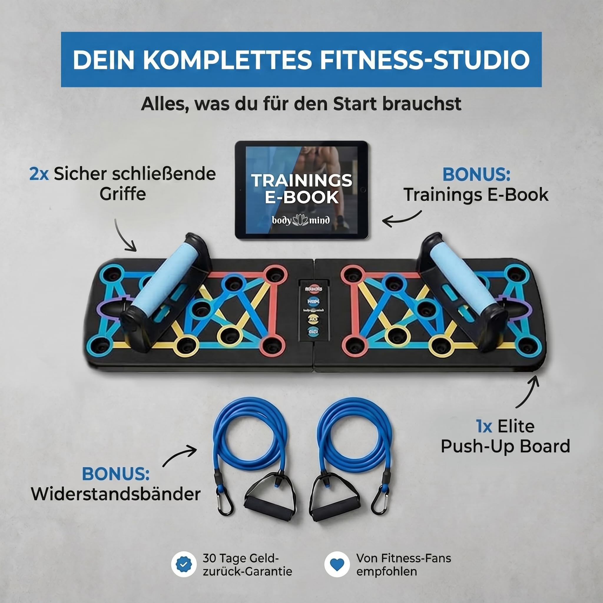 Body & Mind® Push-Up Liegestütz-Brett; Faltbares Multifunktions Elite Rack Fitness-Board für Ganzkörper-Training & Effektive Liegestützen; Liegestütz-Griffe mit Gratis Trainingsbänder & E-Book