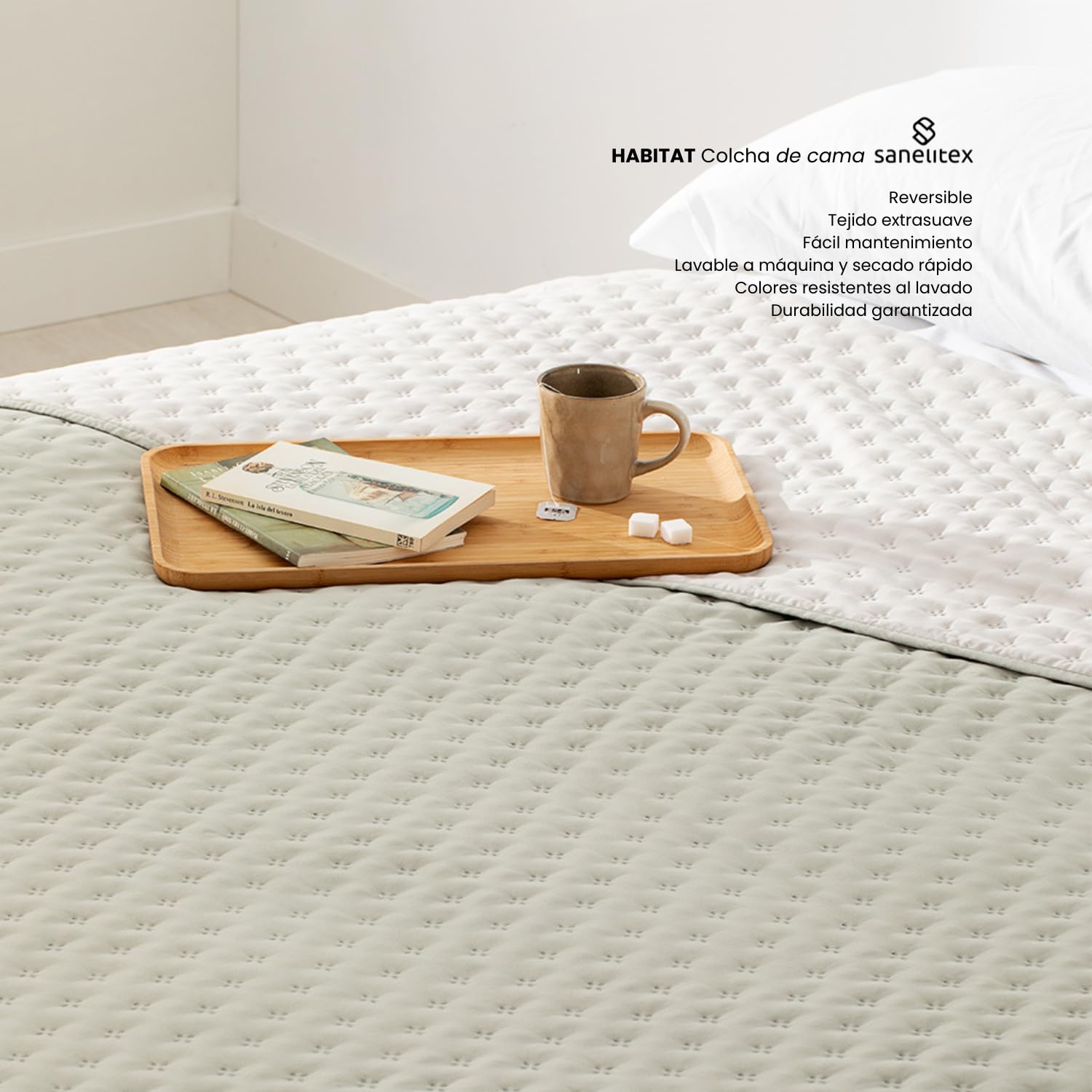 Colcha de Cama Habitat | Color Lino | Cama de 150 | Reversible | Tacto Extrasuave | Hecho en España