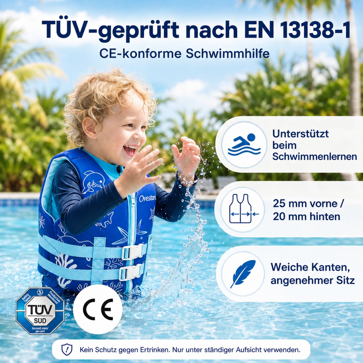 Schwimmweste Kinder 2-9 Jahre – TÜV geprüfte Schwimmhilfe & CE-zertifizierte Schwimmlernweste aus weichem Schaum – Bequeme Passform, hoher Auftrieb, ideal für Schwimmtraining & Wasserspaß