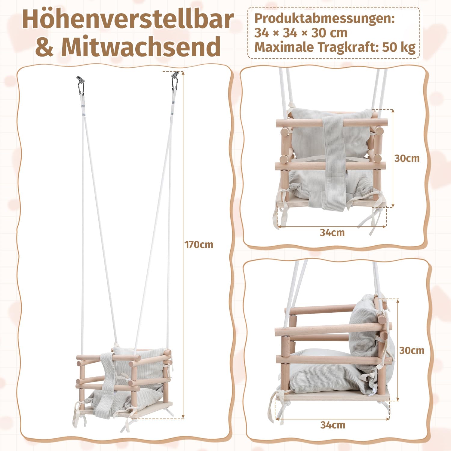 Huśtawka dziecięca 3 w 1, do użytku wewnątrz i na zewnątrz, z drewna, regulacja wysokości (160-260 cm) ze zdejmowaną poduszką, do ogrodu, nośność 50 kg, od 12 miesięcy (jasnobeżowa)