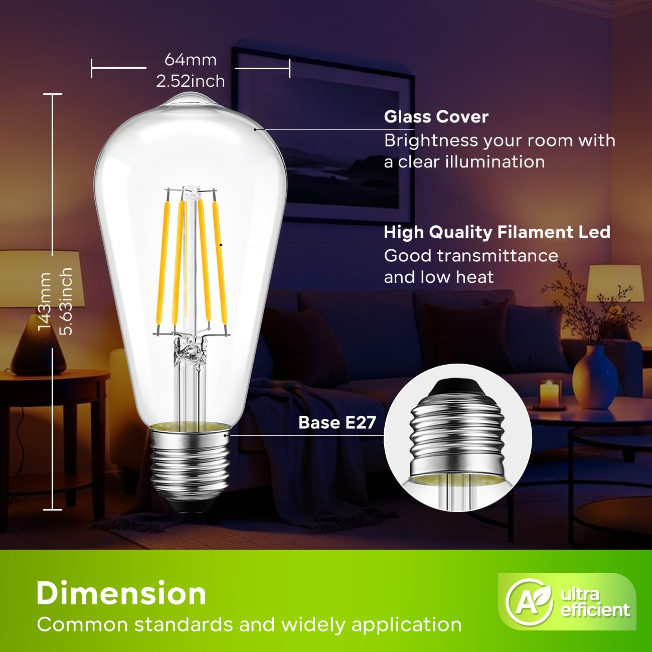 LVWIT Żarówka LED E27, ciepła biel, 3,8 W, żarówka LED klasy energetycznej A, odpowiednik żarówek halogenowych 60 W, żarówek Edison z dużym trzonkiem 806 lm, 2700 K, zestaw 6 sztuk, nie ściemnialna