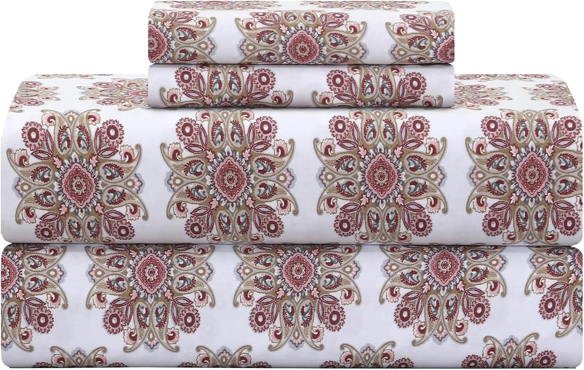 Feather & Stitch 300TC Queen Size 100% Cotton Sateen Weave Printed Sheet Set, Cooling & Breathable Bed Sheets Set, 4 Piece 16" Elastic Deep Pockets, Soft Hotel Quality- Queen, Rose Paisley