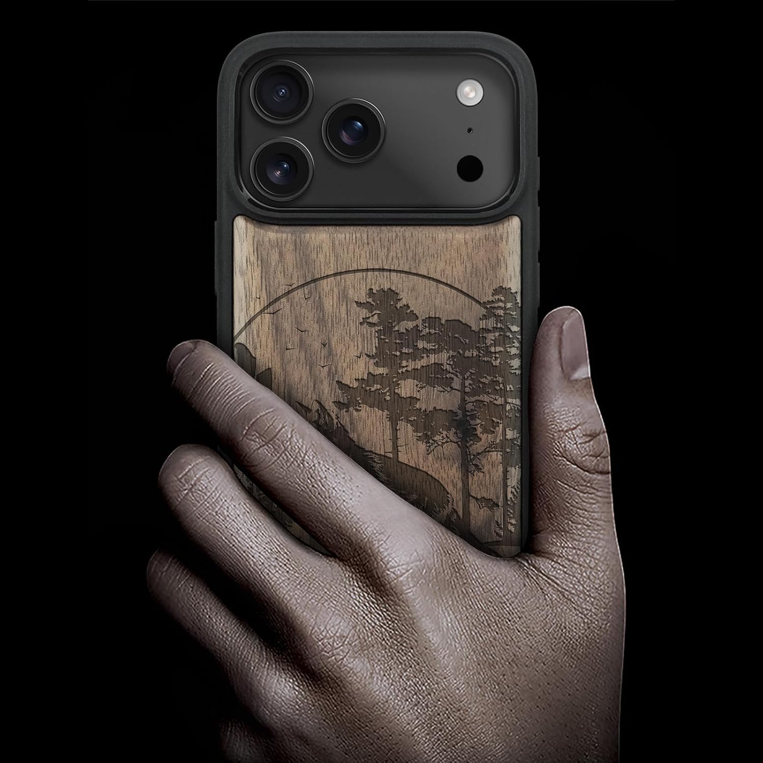 Carveit Magnetic Wooden Case for iPhone 17 Pro Case, Wood Artisan Engraved & Black Soft TPU Shockproof Cover, Compatible with MagSafe Wireless Chargers (Fox and Woods) Walnut