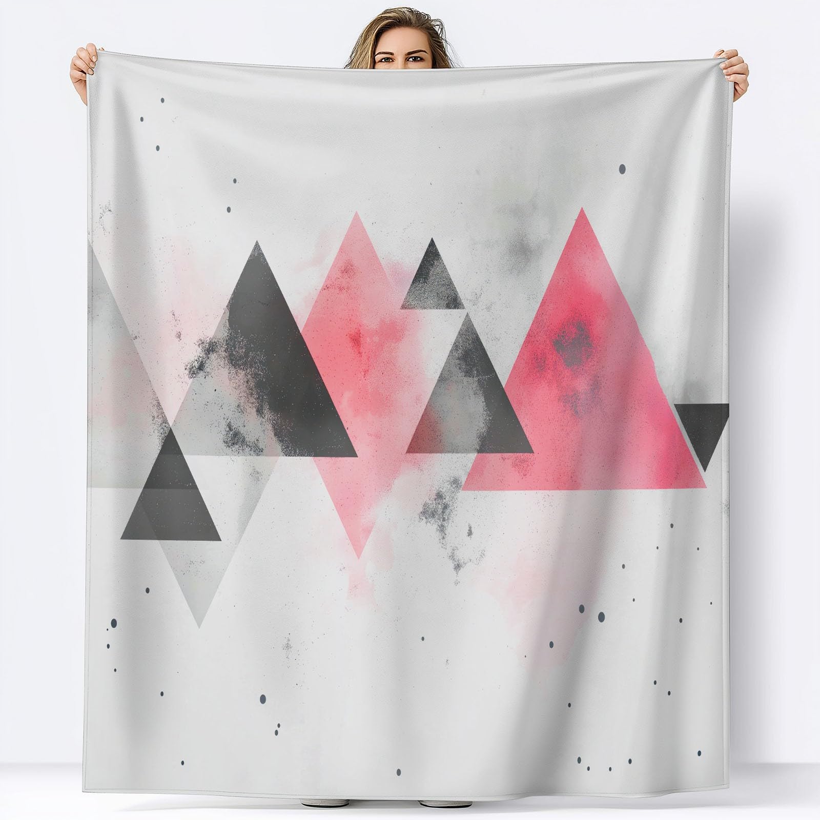 Koc flanelowy z nadrukiem prosty geometryczny trójkąt, 200 x 200 cm miękki koc z mikrofibry antypillingowy na kanapę łóżko dekoracja na sofę podróż kemping, szary różowy