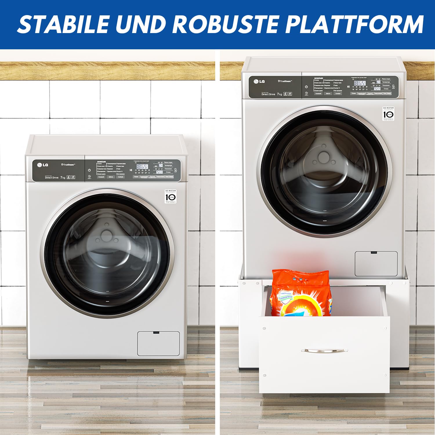 Fiqops Waschmaschinen Untergestell mit Schublade bis 150kg, waschmaschinen-erhöhung mit Schublade, Waschmaschinen-Unterschrank Sockel max. Stahl Podest 62.5x54.5x32.5cm Weiß