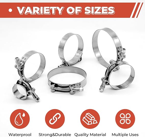 24 Pack 12 Size T-Bolt Hose Clamps, Stainless Steel_304 Working Range 28mm-116mm for 0.75 -4'' Hose ID, Turbo Intake Intercooler Clamp for Automotive