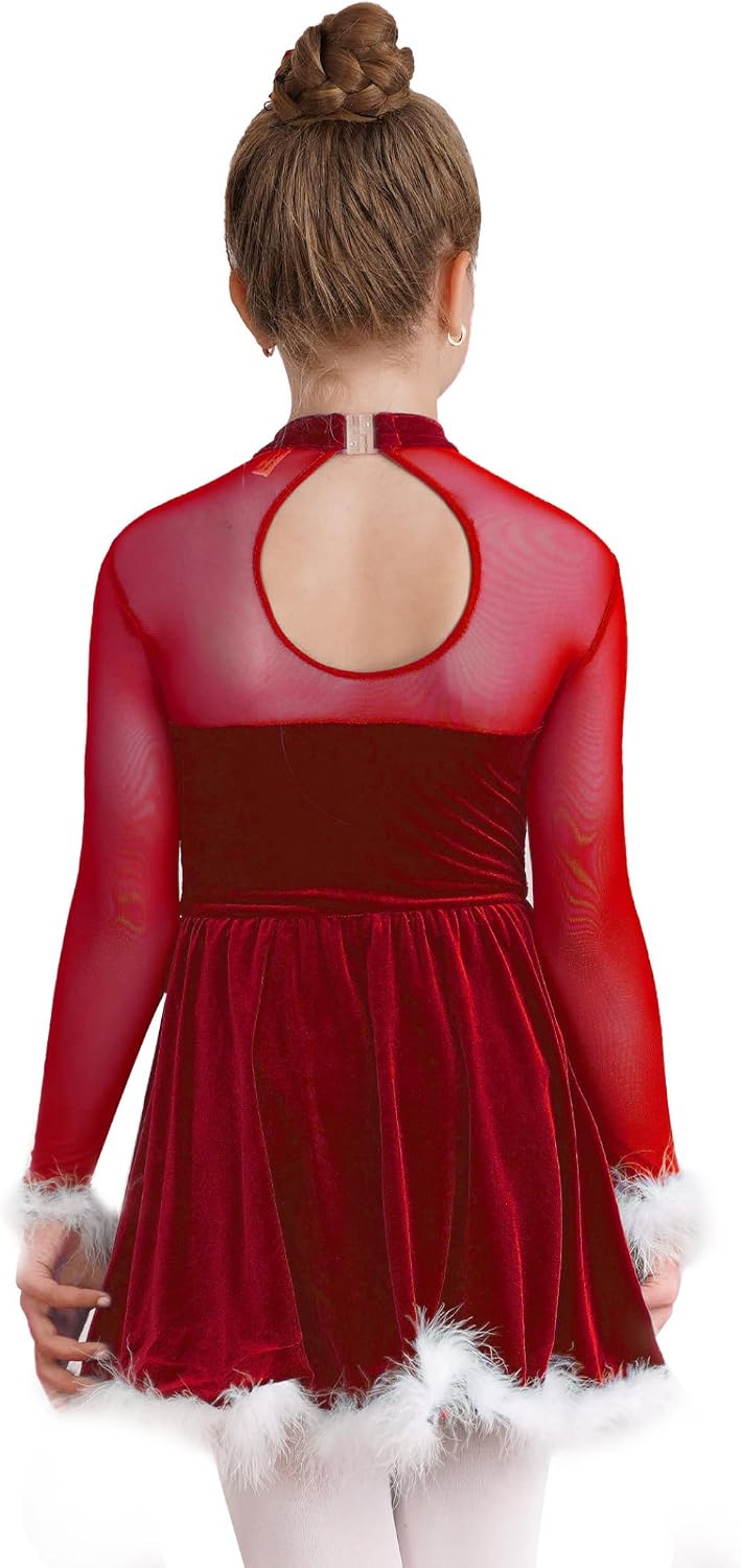 Kids Girls Christmas Santa Claus Costume Sheer Mesh Long Sleeve Figure Ice Skating Dress Xmas Ballet Dance Dress