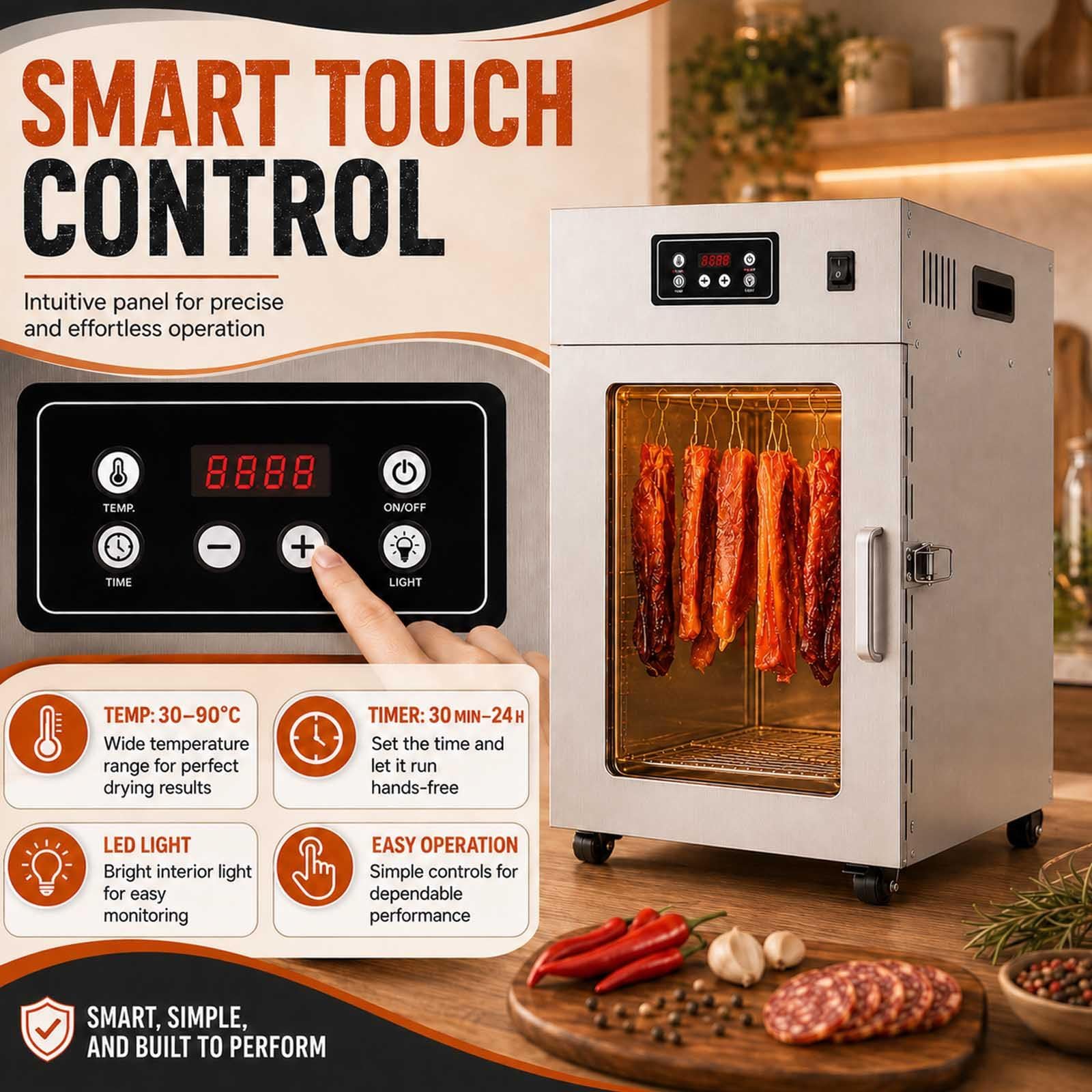 Dry Ager Für Fleisch Mit 360°-Luftstrom Und 30–90 °C Regelung Withoutgrid | 800 W Edelstahl-Reifeschrank Mit 30–90 °C, 24-H-Timer, 360°-Heissluft, 14 Haken Und 5–7,5 Kg Kapazität.