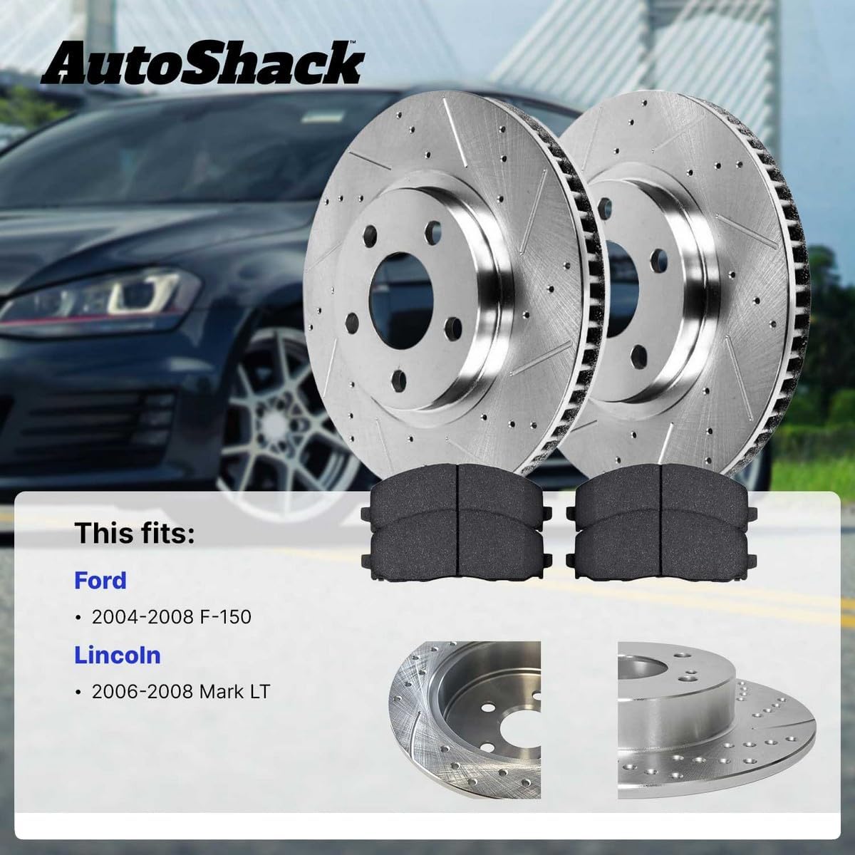 AutoShack Front Brake Rotors & Ceramic Pads for Ford, F-150 2004-2008, RWD V6 4.2L V8 4.6L 5.4L - Silver Zinc Coated Drilled & Slotted - SilverShield Pro - 12.98" (329.8 mm), 6-Lug