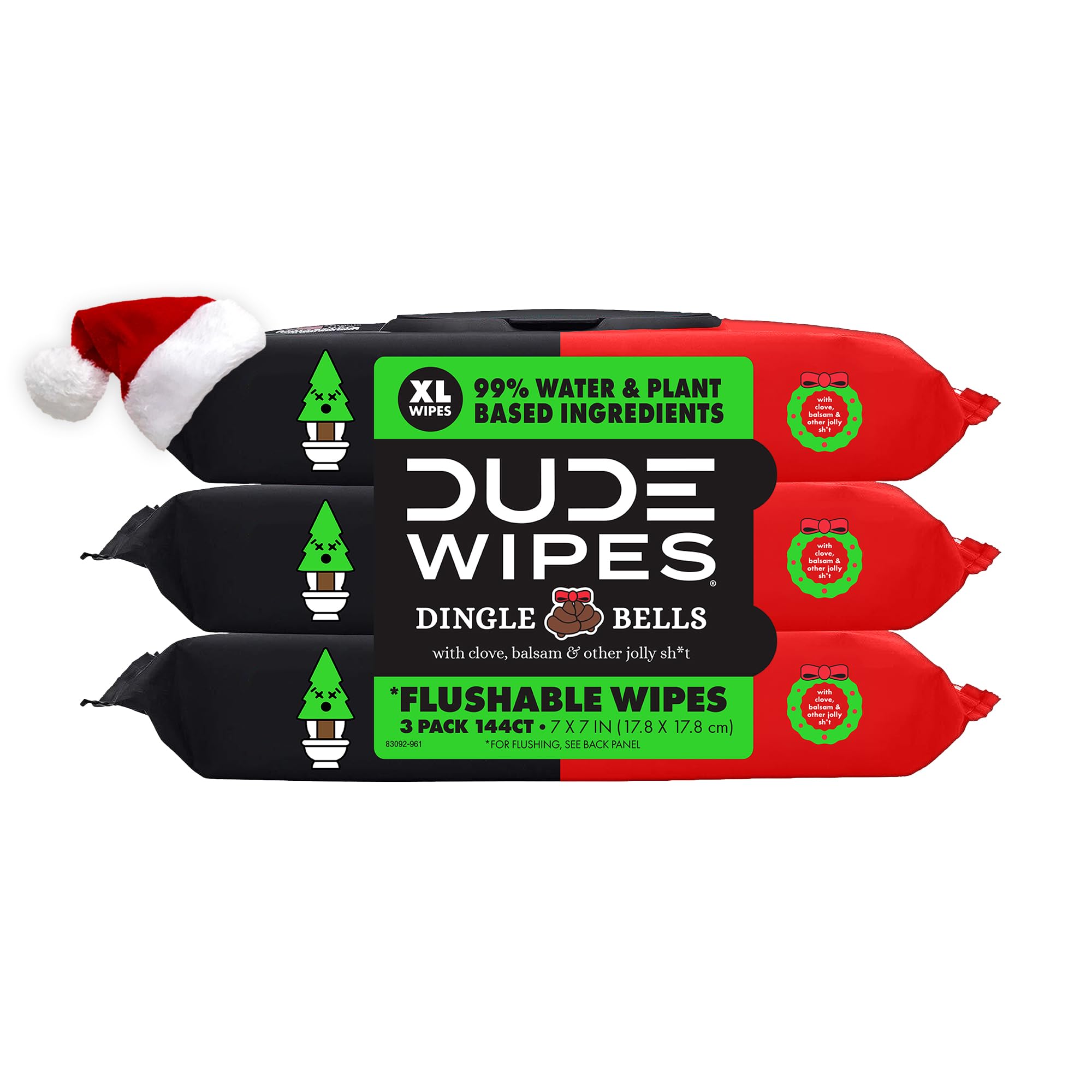 DUDE Wipes - Flushable Wipes Stocking Stuffers - 3 Pack, 144 Count - Dingle Bells Extra Large with Crisp Pine, Balsam, and Other Jolly Scents