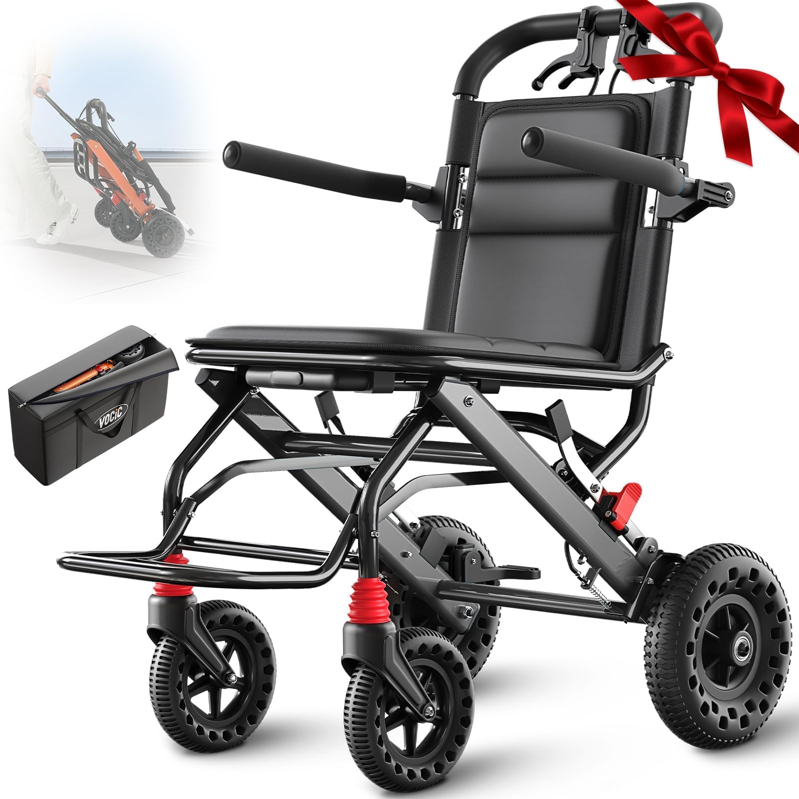 VOCIC U41 Fauteuil Roulant Pliable Ultraléger 8.6KG | Chaise roulante de transport voyage en avion,pneus honeycomb 20CM tous terrains,aluminium compact étroit (Noir)
