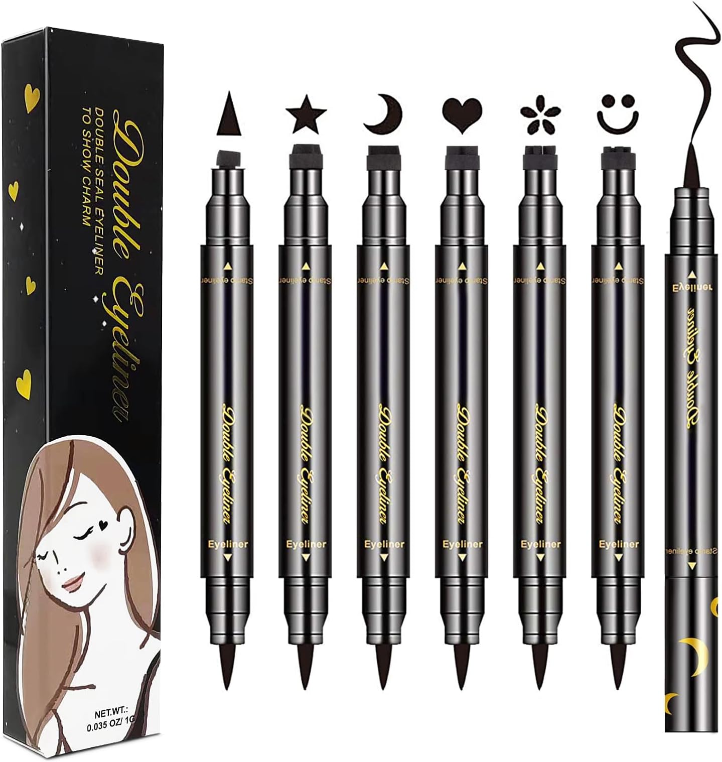 LOKFAR 6 Pcs Double-Side Liquid Eyeliner Stamp Pen Set, Eye Liners for Women Waterproof Eyeliner Pencil Black Eye-liner Stencils Long-Lasting Tattoo Makeup-Triangle,Star,Moon,Heart,Flower,Smiley