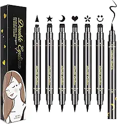 Conjunto de Canetas para Carimbo de Delineador Líquido de Dupla Face de 6 Peças, Delineadores para Mulheres Lápis de Delineador À Prova D'Água Estênceis de Delineador Preto de Longa Duração Maquiagem de Tatuagem-Triângulo, Estrela, Lua, Coração, Flor, Smiley