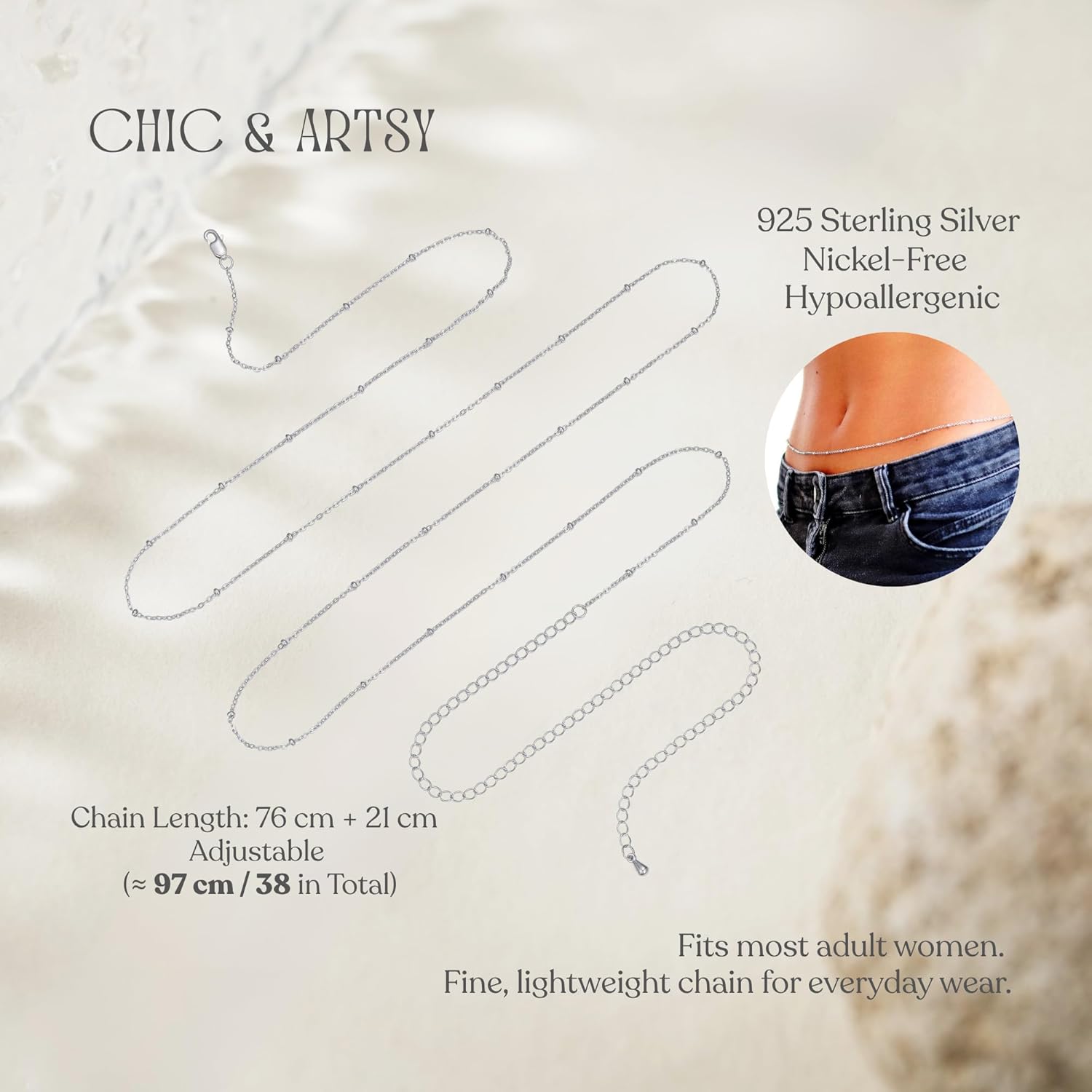 CHIC & ARTSY S925 Sterling Silver Belly Chain for Women - Lightweight Comfortable Waist Chain, Adjustable Sexy Bikini Body Chain, Coastal Vacation Jewellery