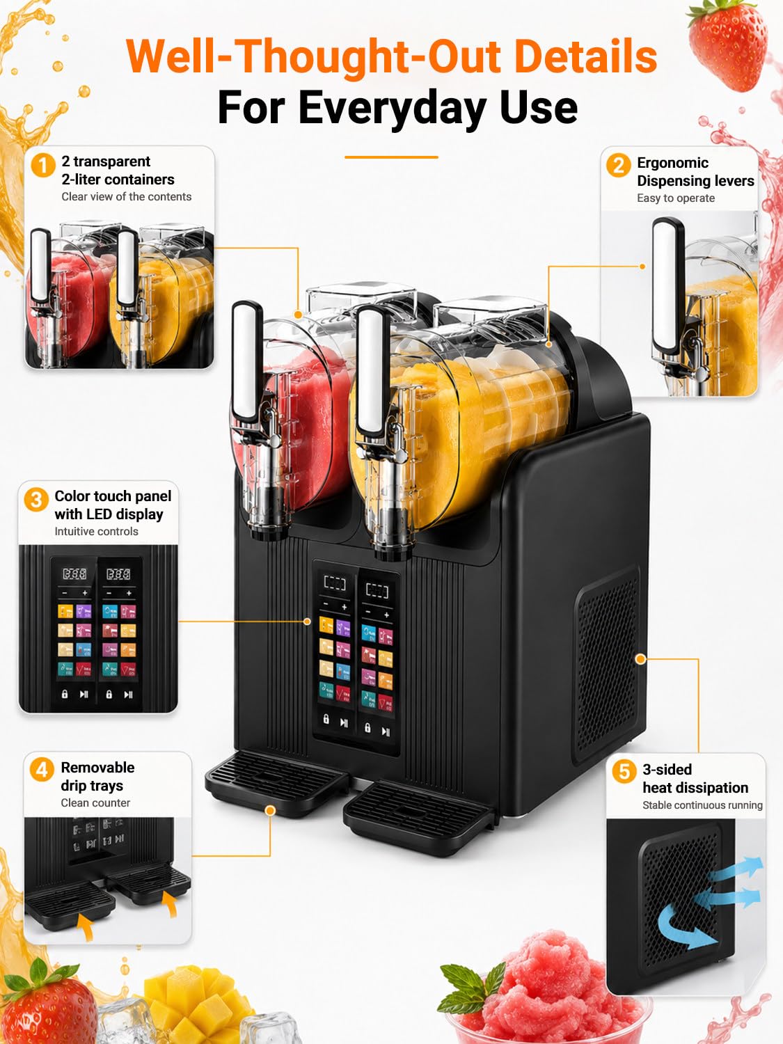 Doble Cámara Margaritas y Dispensador de Helado Soft, 2L Cada Una Black | Prepara Granizado en 15-25 Min y Helado Soft en 30-40 Min; 430 W, 7 Modos, Bloqueo Infantil y Depósitos PC Alimentarios HD