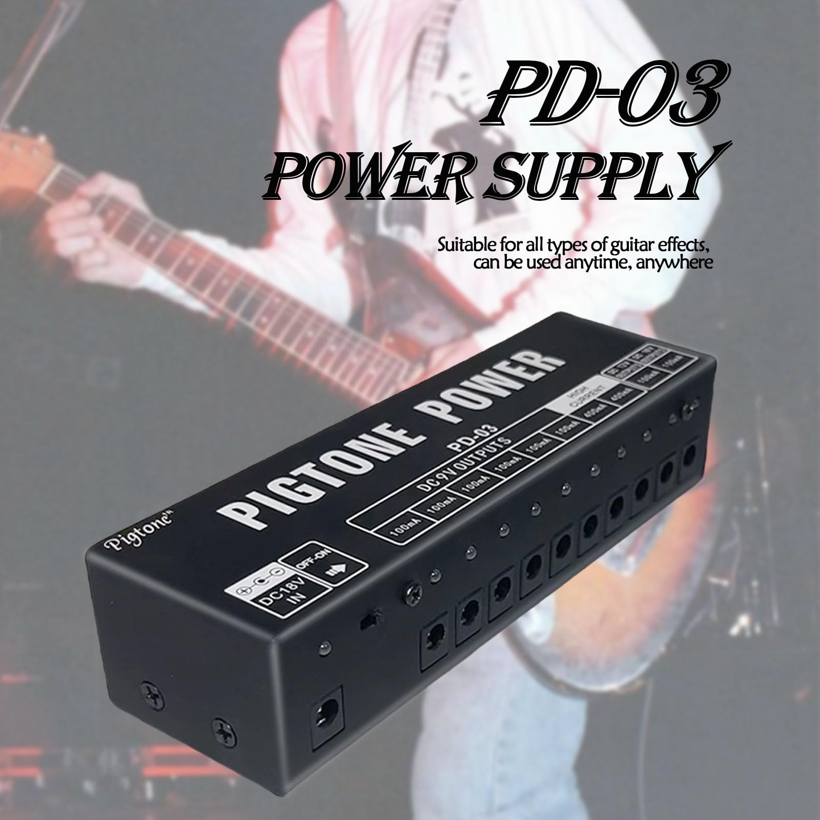 Gitarren-Effektpedal-Netzteil 10 unabhängige DC-Ausgänge geeignet für 9V 12V 18V 100mA 400mA Kurzschluss- und Überstromschutz PD-03