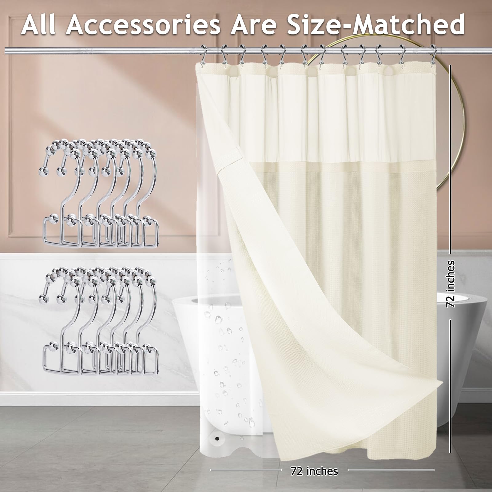 Rideau de douche 3 en 1, 183 x 183 cm, texture gaufrée avec fenêtre sur le dessus en maille, 12 crochets antidérapants double face en acier inoxydable et doublure imperméable en PEVA (beige)