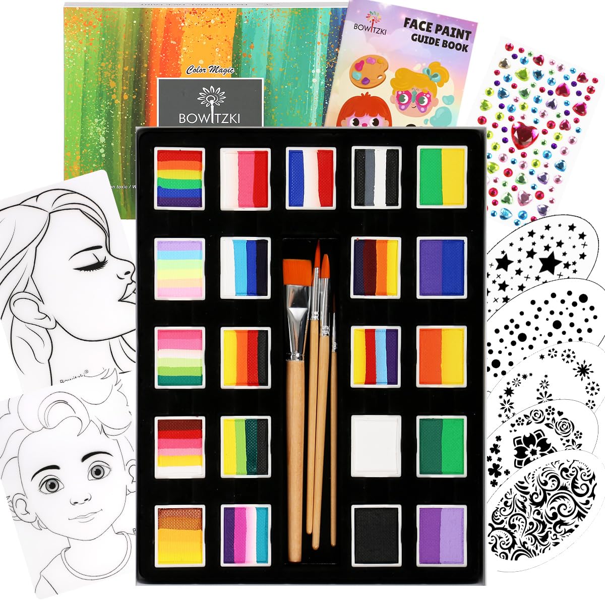 Bowitzki 21 Color Split Cake Face Paint Set Professional Face Painting Kit Adults 10g One Stroke Stencil Brush Practice Board Guide Book Non Toxic