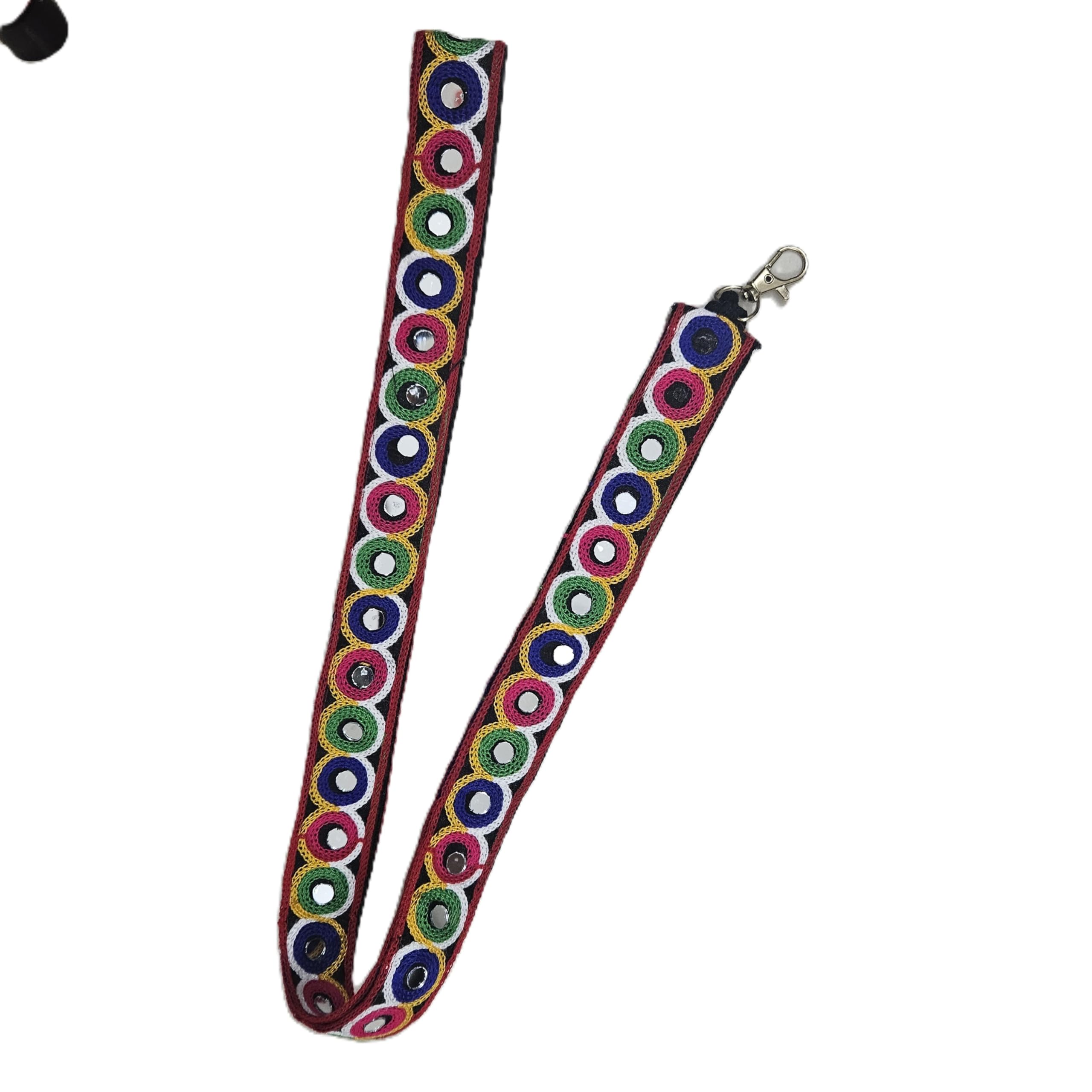 Recho White Crossbody belt with Handwork Rainbow Square Pattern Lanyard, Multi-Colour Fabric Mirror Work boho Fashion Accessory (Pack of Mobile belt with hook and Tether patch)-picture-12