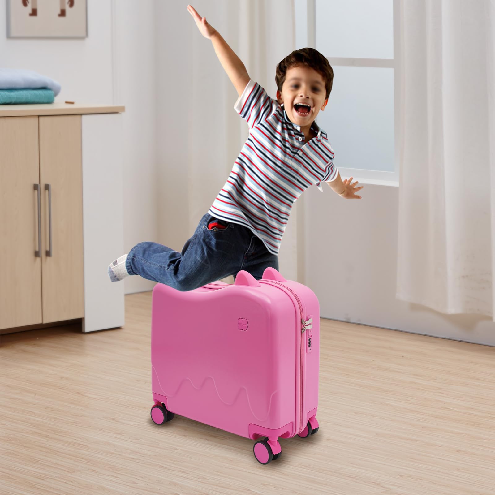 Maleta infantil para sentarse arriba, maleta de viaje para niños con barra de tracción y cerradura de contraseña, maleta para niños de 3 a 6 años, para niñas y niños, color rosa